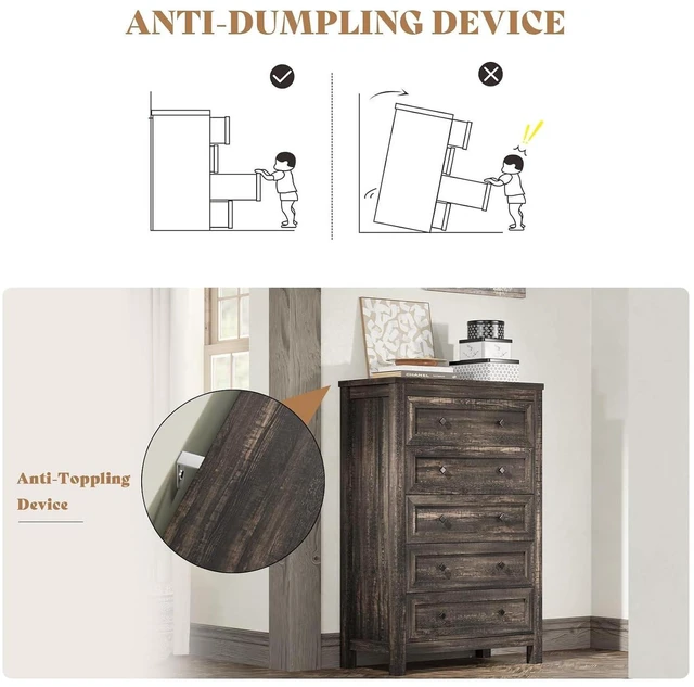 Alt view image 7 of 7 - 5 Drawers Farmhouse Dresser for Bedroom, Wood 47" Tall Dresser for Closet, Natural Texture Chest of Drawers for Hallway, Entryway, Dark Oak