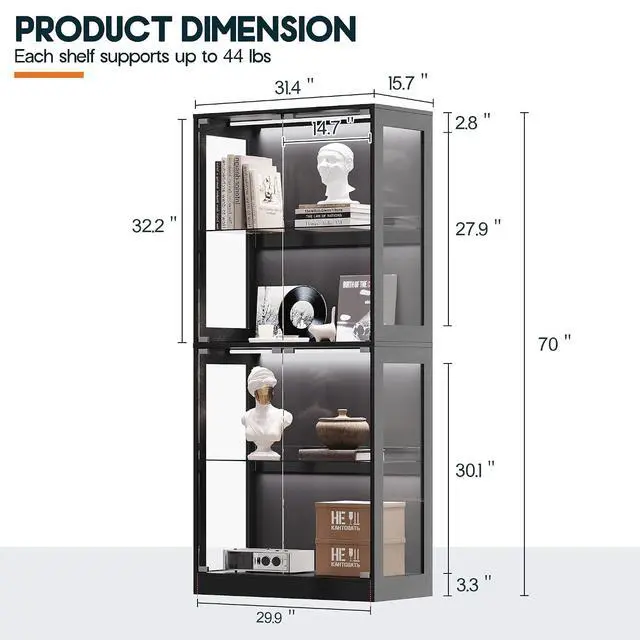 Alt view image 2 of 7 - RGB Display Cabinet with Adjustable Glass Shelves, 4-Tier Storage Case with LED Lights & Press-to-Open Doors, Modern Display Shelf for Collectibles, Black 70" H×32" L×16" D