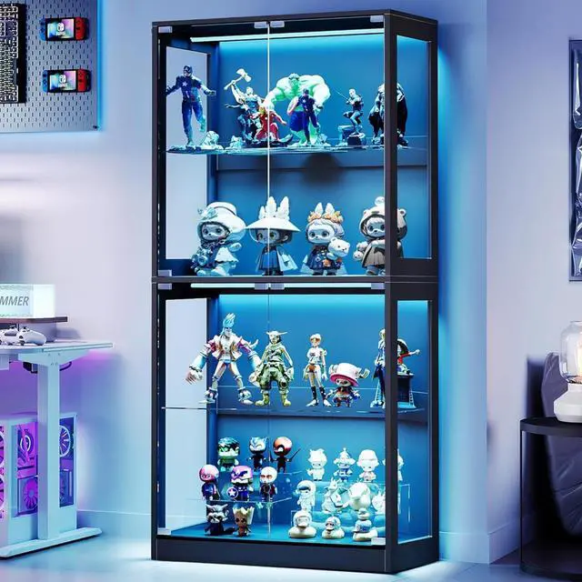 Main image of RGB Display Cabinet with Adjustable Glass Shelves, 4-Tier Storage Case with LED Lights & Press-to-Open Doors, Modern Display Shelf for Collectibles, Black 70" H×32" L×16" D