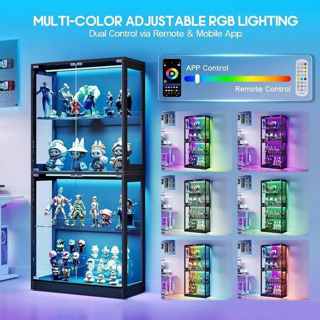 Alt view image 3 of 7 - RGB Display Cabinet with Adjustable Glass Shelves, 4-Tier Storage Case with LED Lights & Press-to-Open Doors, Modern Display Shelf for Collectibles, Black 70" H×32" L×16" D