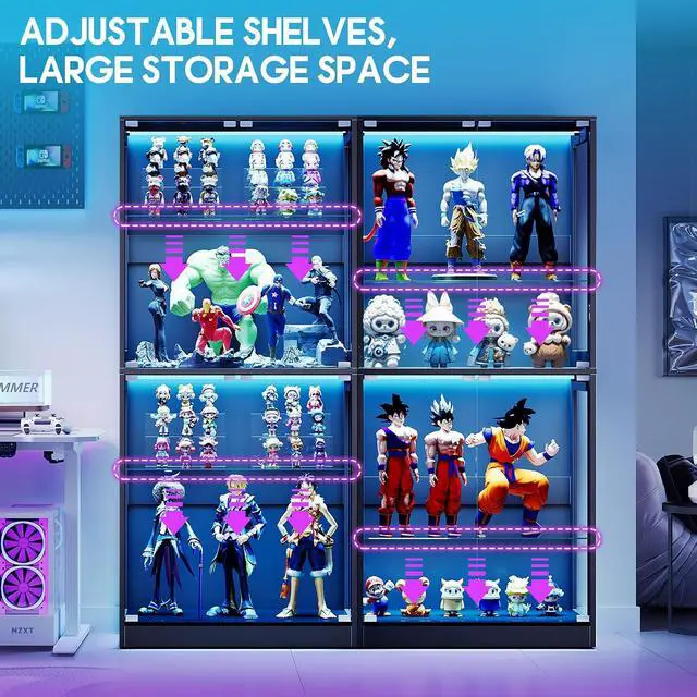 Alt view image 4 of 7 - RGB Display Cabinet with Adjustable Glass Shelves, 4-Tier Storage Case with LED Lights & Press-to-Open Doors, Modern Display Shelf for Collectibles, Black 70" H×32" L×16" D