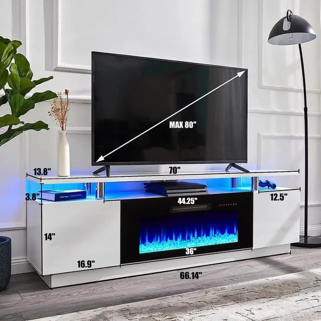 Alt view image 3 of 7 - Fireplace TV Stand with 36" Fireplace, 70" Modern Fireplace Entertainment Center LED Lights, 2 Tier TV Console Cabinet for TVs Up to 80", Ivory White