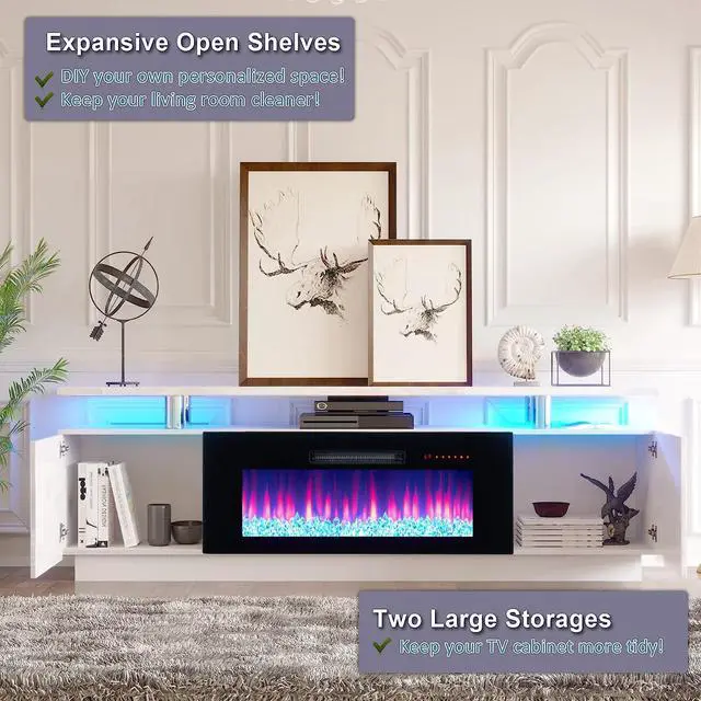 Alt view image 4 of 7 - Fireplace TV Stand with 36" Fireplace, 70" Modern Fireplace Entertainment Center LED Lights, 2 Tier TV Console Cabinet for TVs Up to 80", Ivory White