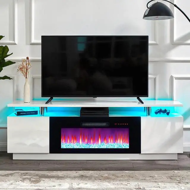 Alt view image 5 of 7 - Fireplace TV Stand with 36" Fireplace, 70" Modern Fireplace Entertainment Center LED Lights, 2 Tier TV Console Cabinet for TVs Up to 80", Ivory White