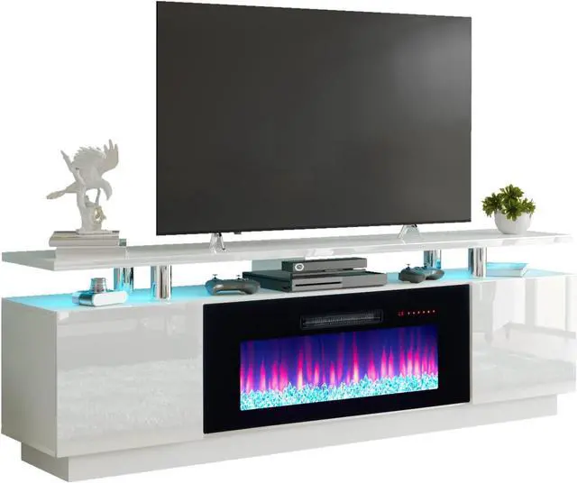 Alt view image 7 of 7 - Fireplace TV Stand with 36" Fireplace, 70" Modern Fireplace Entertainment Center LED Lights, 2 Tier TV Console Cabinet for TVs Up to 80", Ivory White
