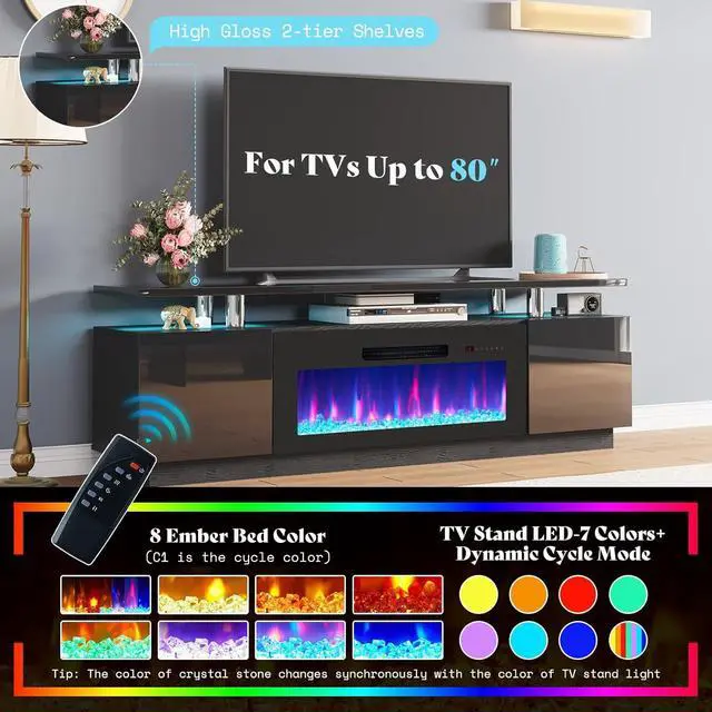 Alt view image 3 of 7 - Fireplace TV Stand with 36" Fireplace, 70" Modern Fireplace Entertainment Center LED Lights, 2 Tier TV Console Cabinet for TVs Up to 80", Obsidian Black