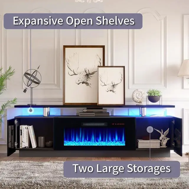 Alt view image 4 of 7 - Fireplace TV Stand with 36" Fireplace, 70" Modern Fireplace Entertainment Center LED Lights, 2 Tier TV Console Cabinet for TVs Up to 80", Obsidian Black