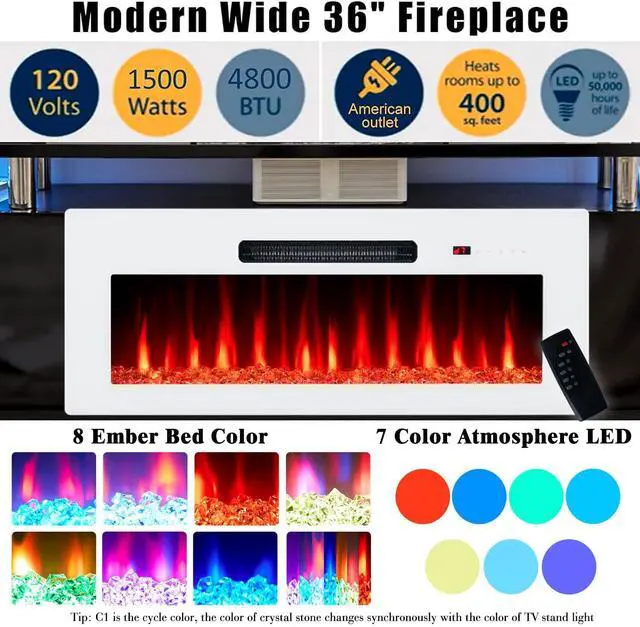 Alt view image 2 of 7 - Fireplace TV Stand with 36" White Fireplace, 70" Modern Fireplace Entertainment Center LED Lights, 2 Tier TV Console Cabinet for TVs Up to 80", Black & White