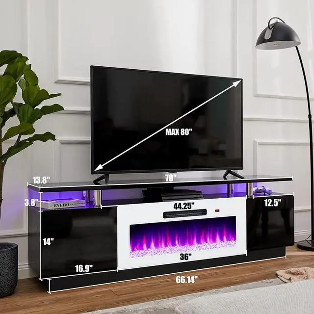 Alt view image 3 of 7 - Fireplace TV Stand with 36" White Fireplace, 70" Modern Fireplace Entertainment Center LED Lights, 2 Tier TV Console Cabinet for TVs Up to 80", Black & White