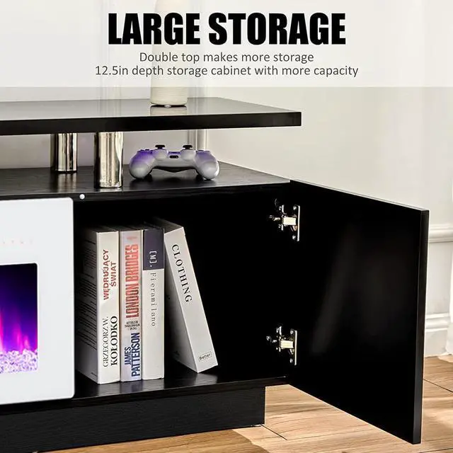 Alt view image 4 of 7 - Fireplace TV Stand with 36" White Fireplace, 70" Modern Fireplace Entertainment Center LED Lights, 2 Tier TV Console Cabinet for TVs Up to 80", Black & White