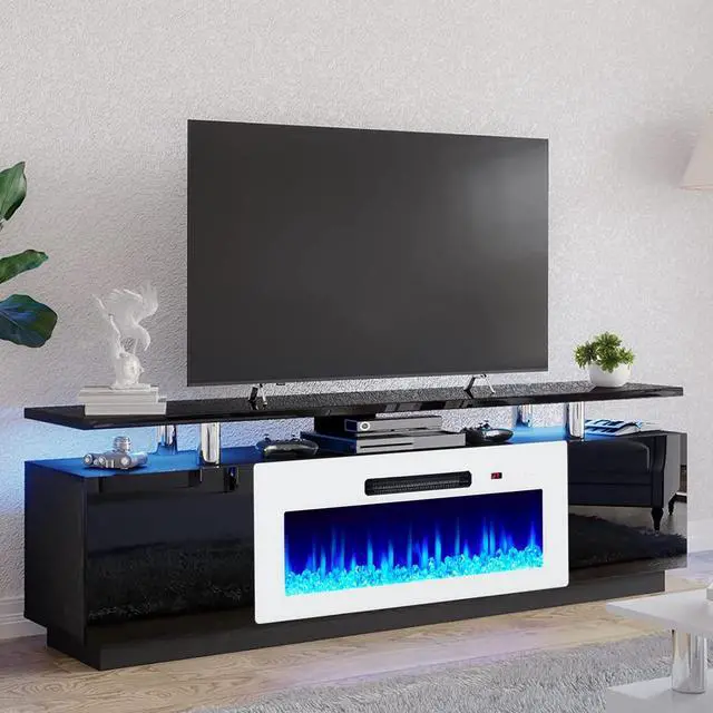 Alt view image 6 of 7 - Fireplace TV Stand with 36" White Fireplace, 70" Modern Fireplace Entertainment Center LED Lights, 2 Tier TV Console Cabinet for TVs Up to 80", Black & White