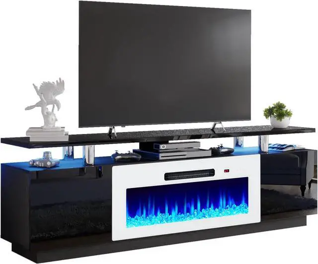Alt view image 7 of 7 - Fireplace TV Stand with 36" White Fireplace, 70" Modern Fireplace Entertainment Center LED Lights, 2 Tier TV Console Cabinet for TVs Up to 80", Black & White