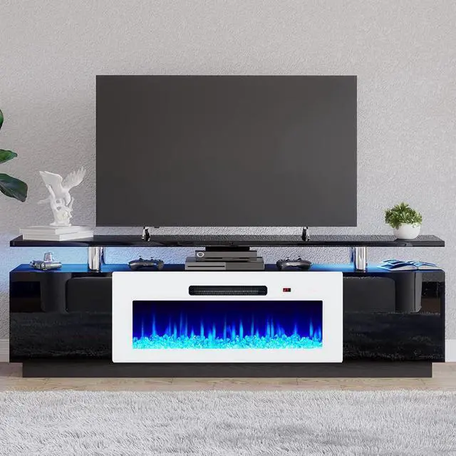 Main image of Fireplace TV Stand with 36" White Fireplace, 70" Modern Fireplace Entertainment Center LED Lights, 2 Tier TV Console Cabinet for TVs Up to 80", Black & White