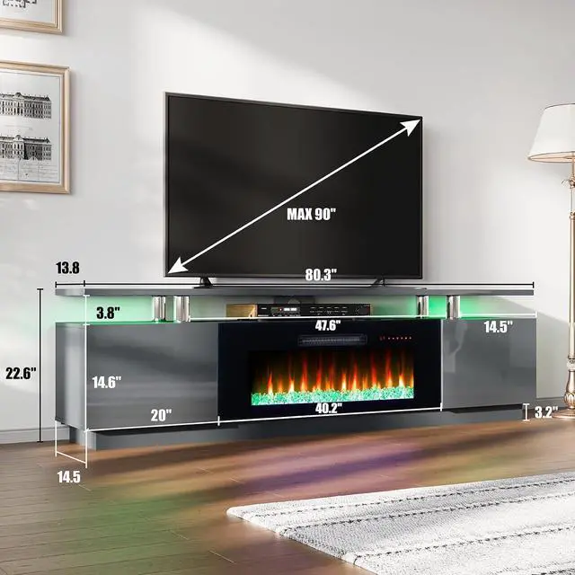 Alt view image 4 of 7 - Fireplace TV Stand with 40" Fireplace, 80" Modern Fireplace Entertainment Center LED Lights, 2 Tier TV Console Cabinet for TVs Up to 90", Grey