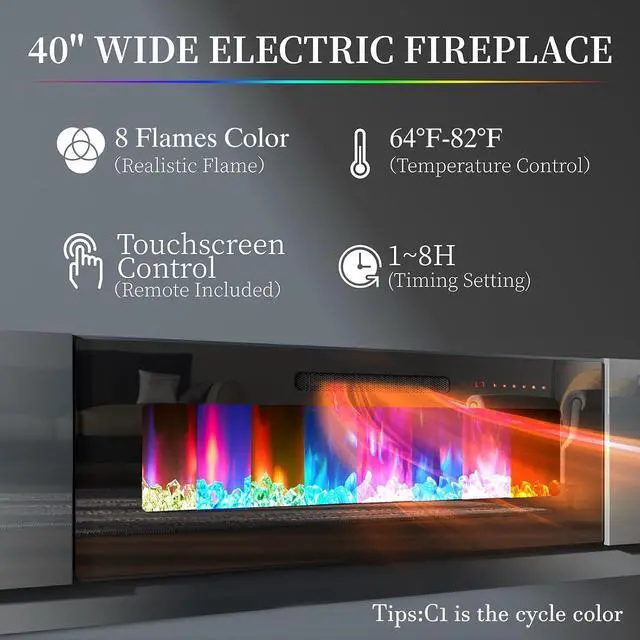 Alt view image 2 of 7 - Fireplace TV Stand with 40" Fireplace, 80" Modern Fireplace Entertainment Center LED Lights, 2 Tier TV Console Cabinet for TVs Up to 90", Grey