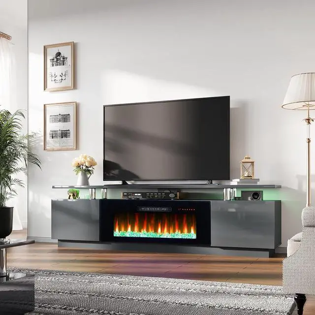 Main image of Fireplace TV Stand with 40" Fireplace, 80" Modern Fireplace Entertainment Center LED Lights, 2 Tier TV Console Cabinet for TVs Up to 90", Grey