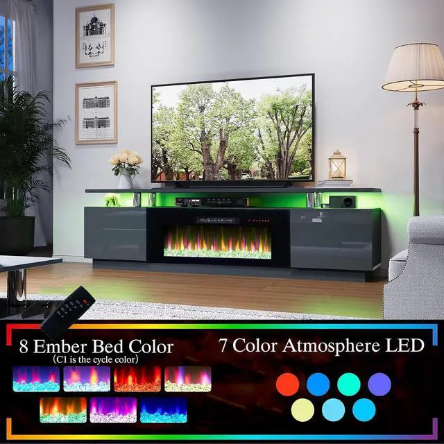 Alt view image 3 of 7 - Fireplace TV Stand with 40" Fireplace, 80" Modern Fireplace Entertainment Center LED Lights, 2 Tier TV Console Cabinet for TVs Up to 90", Grey