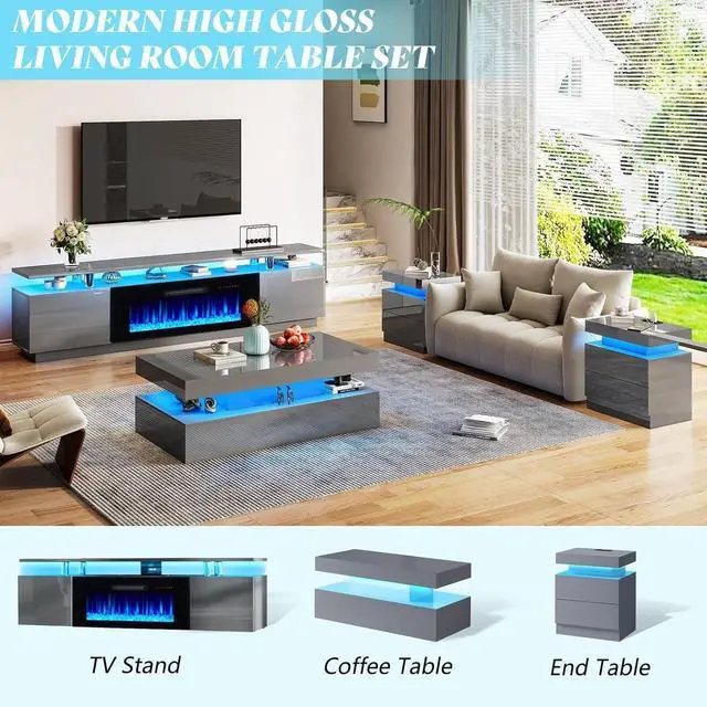 Alt view image 6 of 7 - Fireplace TV Stand with 40" Fireplace, 80" Modern Fireplace Entertainment Center LED Lights, 2 Tier TV Console Cabinet for TVs Up to 90", Grey