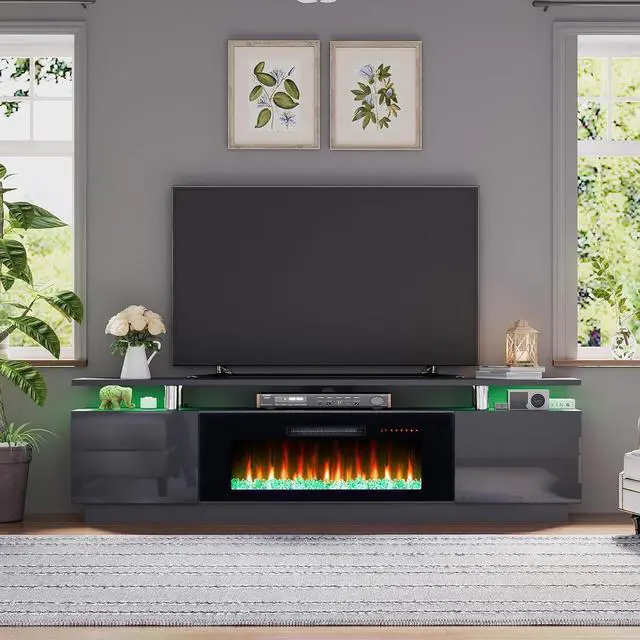 Alt view image 7 of 7 - Fireplace TV Stand with 40" Fireplace, 80" Modern Fireplace Entertainment Center LED Lights, 2 Tier TV Console Cabinet for TVs Up to 90", Grey