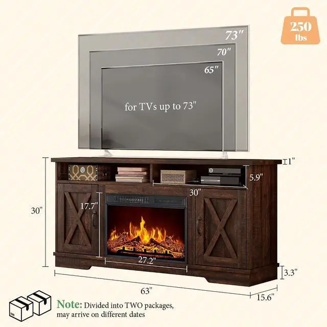 Alt view image 2 of 7 - 63" Farmhouse TV Stand with 26" Fireplace, for TVs up to 73", Media Entertainment Center with Adjustable Shelf & Barn Doors, Rustic TV Console Cabinet for Living Room, Reclaimed Barnwood