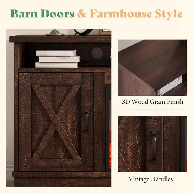 Alt view image 4 of 7 - 63" Farmhouse TV Stand with 26" Fireplace, for TVs up to 73", Media Entertainment Center with Adjustable Shelf & Barn Doors, Rustic TV Console Cabinet for Living Room, Reclaimed Barnwood