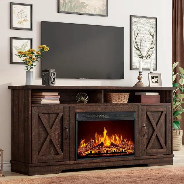 Main image of 63" Farmhouse TV Stand with 26" Fireplace, for TVs up to 73", Media Entertainment Center with Adjustable Shelf & Barn Doors, Rustic TV Console Cabinet for Living Room, Reclaimed Barnwood