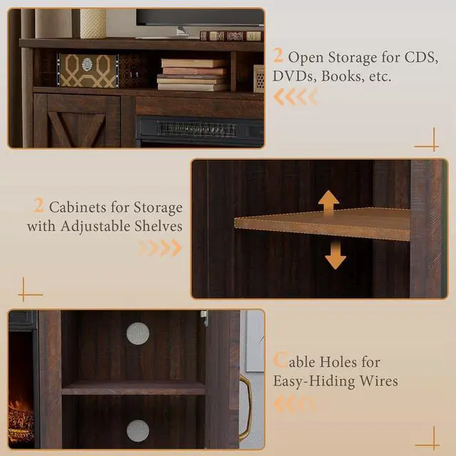 Alt view image 5 of 7 - 63" Farmhouse TV Stand with 26" Fireplace, for TVs up to 73", Media Entertainment Center with Adjustable Shelf & Barn Doors, Rustic TV Console Cabinet for Living Room, Reclaimed Barnwood