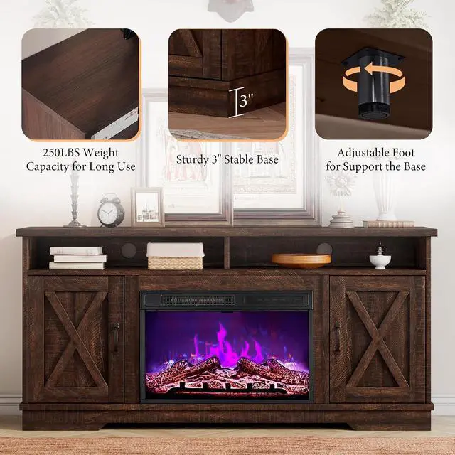 Alt view image 6 of 7 - 63" Farmhouse TV Stand with 26" Fireplace, for TVs up to 73", Media Entertainment Center with Adjustable Shelf & Barn Doors, Rustic TV Console Cabinet for Living Room, Reclaimed Barnwood