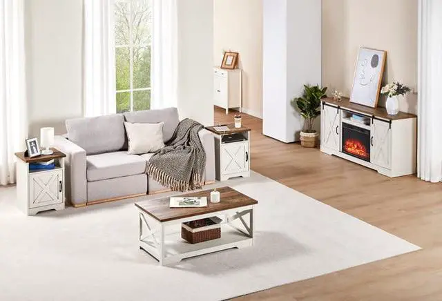 Alt view image 2 of 7 - 5-Piece Farmhouse Table Set Includes Fireplace TV Stand, Coffee Table& Two End Tables with Charging Station and USB Ports, for Living Room, Distressed White, 59"
