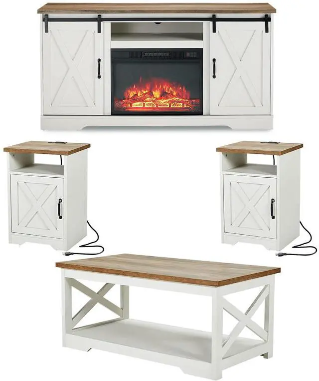 Main image of 5-Piece Farmhouse Table Set Includes Fireplace TV Stand, Coffee Table& Two End Tables with Charging Station and USB Ports, for Living Room, Distressed White, 59"