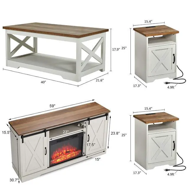 Alt view image 6 of 7 - 5-Piece Farmhouse Table Set Includes Fireplace TV Stand, Coffee Table& Two End Tables with Charging Station and USB Ports, for Living Room, Distressed White, 59"