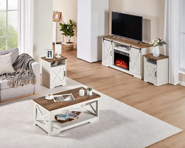 Alt view image 7 of 7 - 5-Piece Farmhouse Table Set Includes Fireplace TV Stand, Coffee Table& Two End Tables with Charging Station and USB Ports, for Living Room, Distressed White, 59"