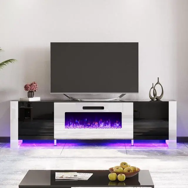 Alt view image 2 of 7 - Fireplace TV Stand with 36" Fireplace, 70" Modern Entertainment Center with High Gloss Doors & LED Lights, U-Shaped Legs TV Console Cabinet for TVs Up to 80", Black TV Stand White Fireplace