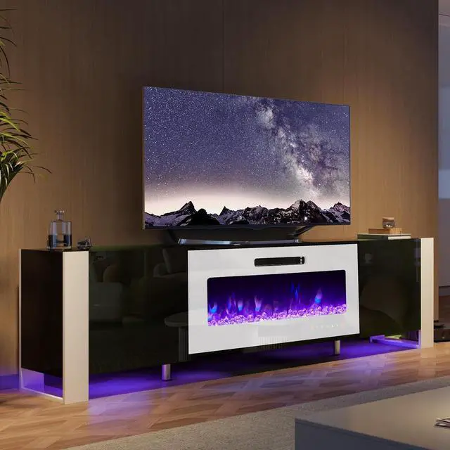 Alt view image 5 of 7 - Fireplace TV Stand with 36" Fireplace, 70" Modern Entertainment Center with High Gloss Doors & LED Lights, U-Shaped Legs TV Console Cabinet for TVs Up to 80", Black TV Stand White Fireplace