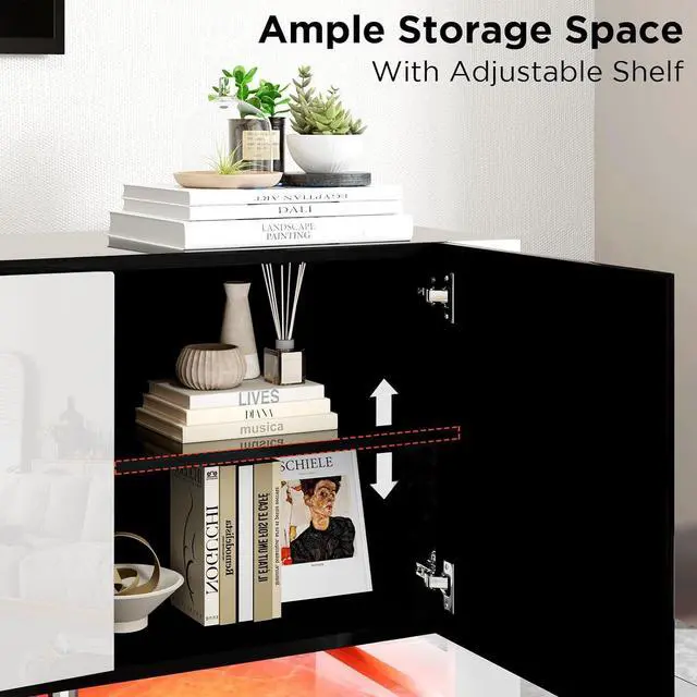 Alt view image 4 of 7 - Fireplace TV Stand with 36" Fireplace, 70" Modern Entertainment Center with High Gloss Doors & LED Lights, U-Shaped Legs TV Console Cabinet for TVs Up to 80", Black TV Stand White Fireplace