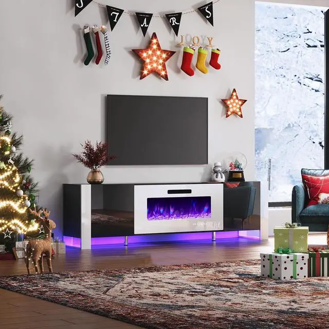 Alt view image 6 of 7 - Fireplace TV Stand with 36" Fireplace, 70" Modern Entertainment Center with High Gloss Doors & LED Lights, U-Shaped Legs TV Console Cabinet for TVs Up to 80", Black TV Stand White Fireplace