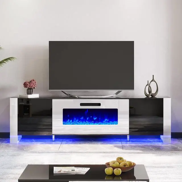 Alt view image 2 of 7 - Fireplace TV Stand with 40" Fireplace, 80" Modern Entertainment Center with High Gloss Doors & LED Lights, U-Shaped Legs TV Console Cabinet for TVs Up to 90", Black TV Stand White Fireplace