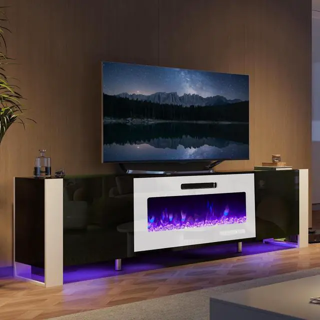 Alt view image 5 of 7 - Fireplace TV Stand with 40" Fireplace, 80" Modern Entertainment Center with High Gloss Doors & LED Lights, U-Shaped Legs TV Console Cabinet for TVs Up to 90", Black TV Stand White Fireplace