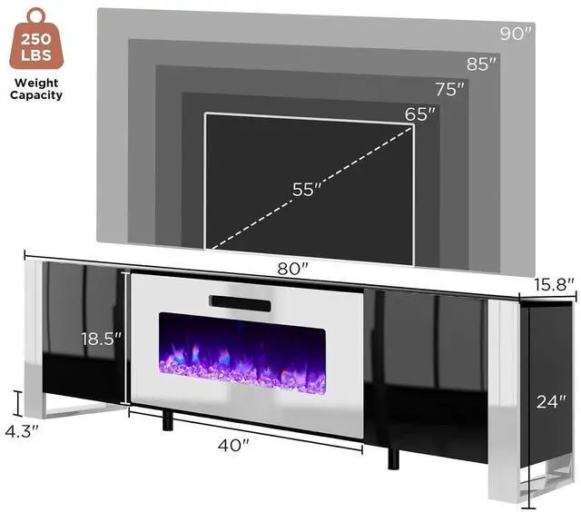 Alt view image 7 of 7 - Fireplace TV Stand with 40" Fireplace, 80" Modern Entertainment Center with High Gloss Doors & LED Lights, U-Shaped Legs TV Console Cabinet for TVs Up to 90", Black TV Stand White Fireplace