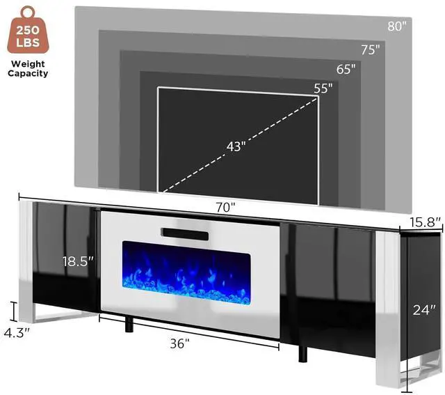 Alt view image 7 of 7 - Fireplace TV Stand with 36" Fireplace, 70" Modern Entertainment Center with High Gloss Doors & LED Lights, U-Shaped Legs TV Console Cabinet for TVs Up to 80", Black TV Stand White Fireplace