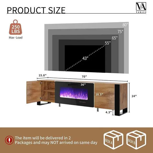 Alt view image 5 of 7 - 70" Fireplace TV Stand with 36" Electric Fireplace, High Gloss Entertainment Center with LED Lights, Modern Entertainment Stand for TVs up to 80", Rustic Oak&Black
