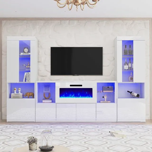 Main image of 3 Piece Modern High Gloss Fireplace TV Stand + Bookcase Set for Living Room Includes 68" TV Stand with 40" Fireplace, 2 X Bookcase with Doors & 20 Colors LED Lights, White