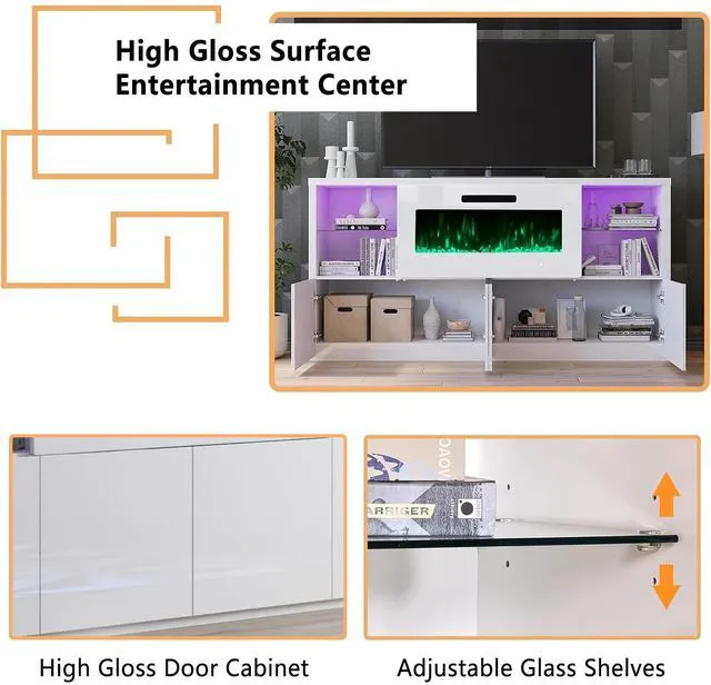 Alt view image 3 of 7 - 3 Piece Modern High Gloss Fireplace TV Stand + Bookcase Set for Living Room Includes 68" TV Stand with 40" Fireplace, 2 X Bookcase with Doors & 20 Colors LED Lights, White