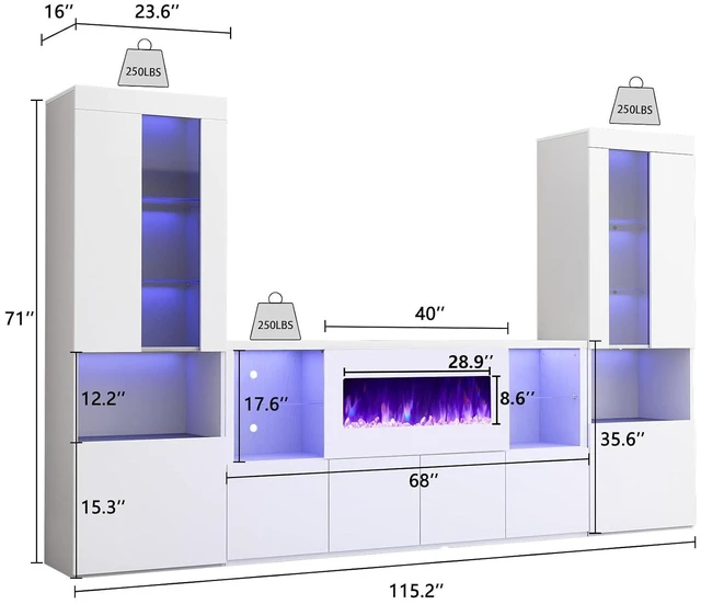 Alt view image 2 of 7 - 3 Piece Modern High Gloss Fireplace TV Stand + Bookcase Set for Living Room Includes 68" TV Stand with 40" Fireplace, 2 X Bookcase with Doors & 20 Colors LED Lights, White