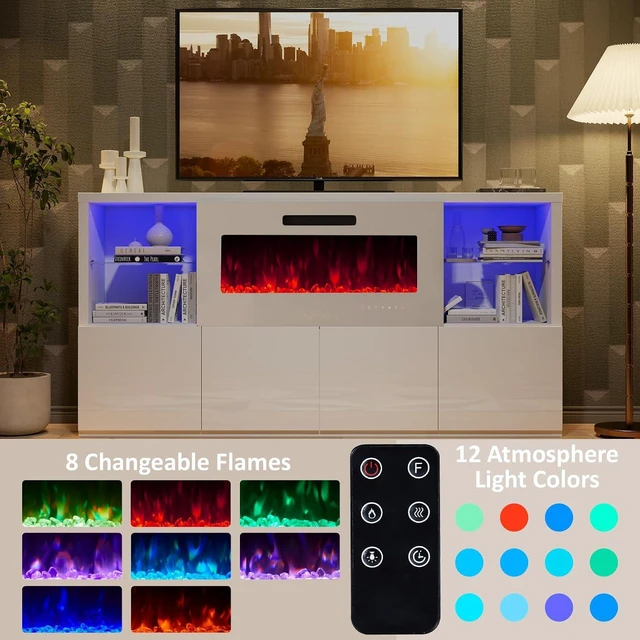 Alt view image 4 of 7 - 3 Piece Modern High Gloss Fireplace TV Stand + Bookcase Set for Living Room Includes 68" TV Stand with 40" Fireplace, 2 X Bookcase with Doors & 20 Colors LED Lights, White
