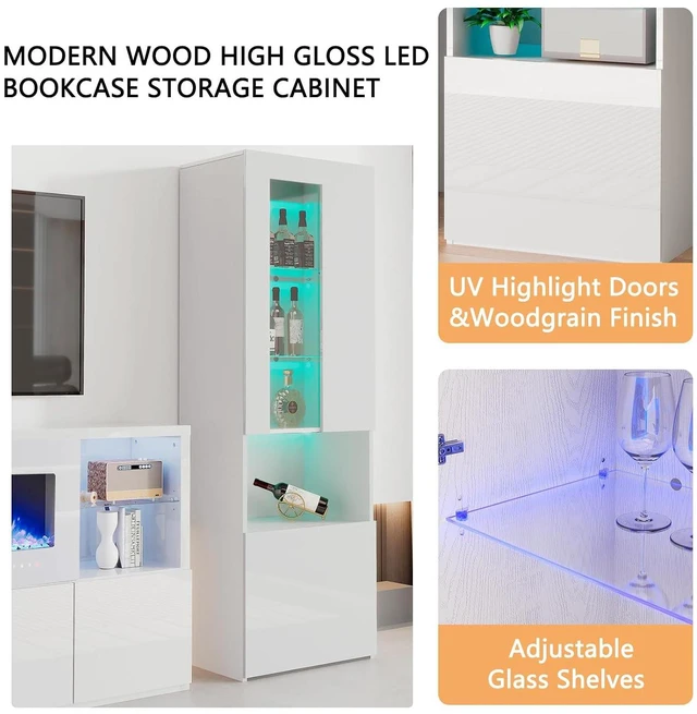 Alt view image 6 of 7 - 3 Piece Modern High Gloss Fireplace TV Stand + Bookcase Set for Living Room Includes 68" TV Stand with 40" Fireplace, 2 X Bookcase with Doors & 20 Colors LED Lights, White