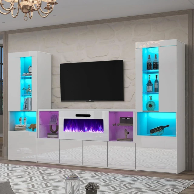 Alt view image 7 of 7 - 3 Piece Modern High Gloss Fireplace TV Stand + Bookcase Set for Living Room Includes 68" TV Stand with 40" Fireplace, 2 X Bookcase with Doors & 20 Colors LED Lights, White