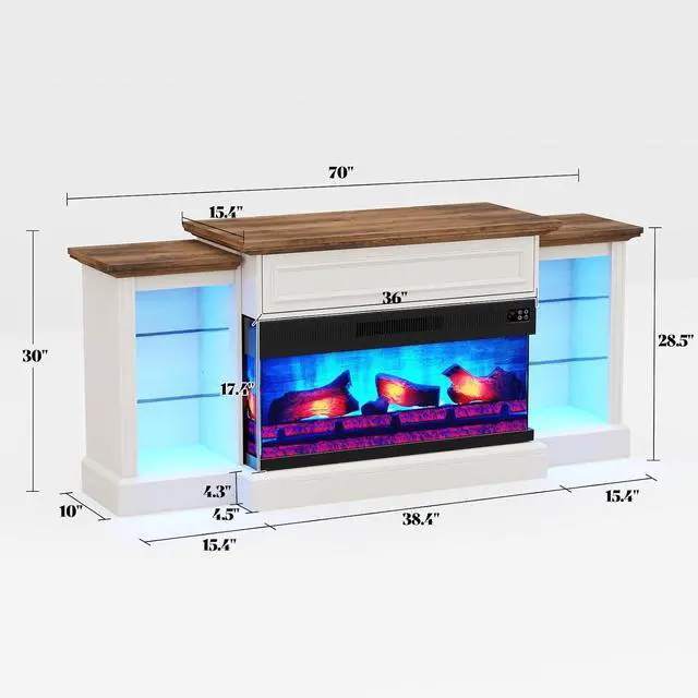 Alt view image 7 of 7 - 70" Fireplace TV Stand with Mantel, Farmhouse Wood Entertainment Center with 3-Sided Glass Fireplace for TVs up to 75", Adjustable Shelves & LED Lights, Distressed White