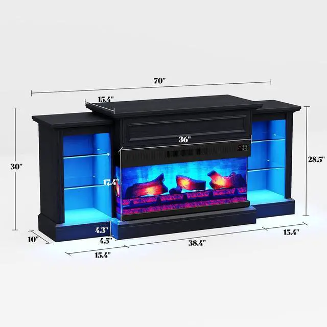 Alt view image 5 of 7 - 70" Farmhouse Electric Fireplace TV Stand, 3-Sided Entertainment Center with Mantel for TVs up to 75", Adjustable Shelves & LED Lights, Antique Black