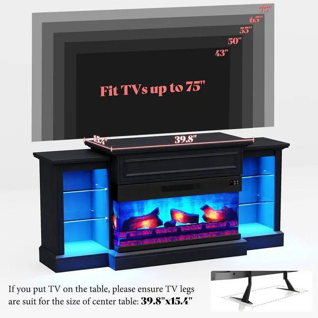 Alt view image 6 of 7 - 70" Farmhouse Electric Fireplace TV Stand, 3-Sided Entertainment Center with Mantel for TVs up to 75", Adjustable Shelves & LED Lights, Antique Black